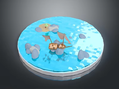 3D Circular Blue Water Scene With Small Sailboat Rocks And Floating Clouds 3d model