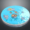 3D Circular Blue Water Scene With Small Sailboat Rocks And Floating Clouds