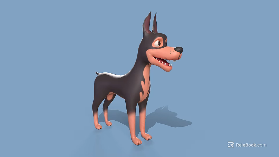 Cartoon Doberman 3D Model Black Brown Coat Standing With Erect Ears Open Mouth Blue Background 3d model
