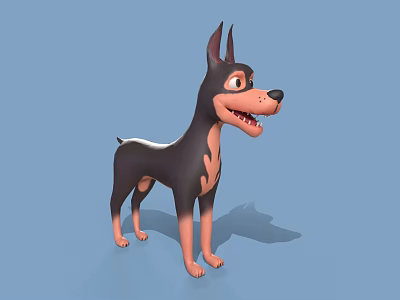 Cartoon Doberman 3D Model Black Brown Coat Standing With Erect Ears Open Mouth Blue Background 3d model
