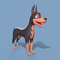 Cartoon Doberman 3D Model Black Brown Coat Standing With Erect Ears Open Mouth Blue Background 3d model