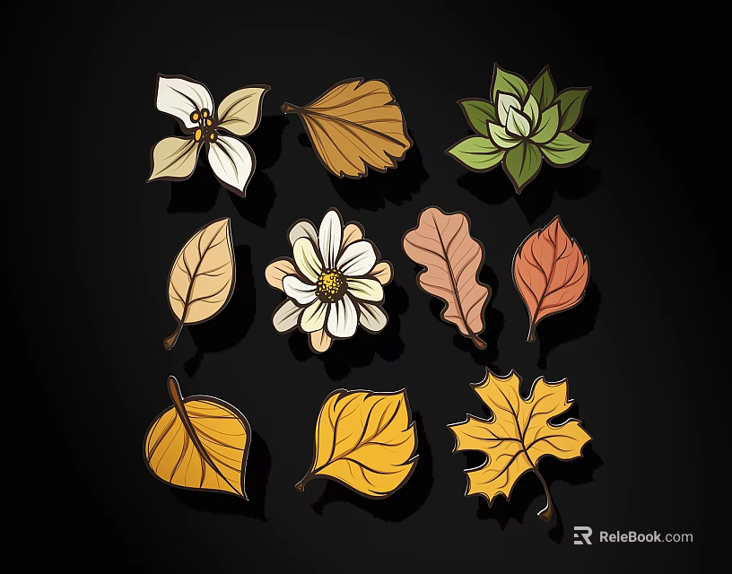 Colorful Illustrated Leaves And Flowers In Various Shapes For Decorative Use 3d model 