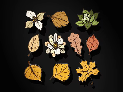 Colorful Illustrated Leaves And Flowers In Various Shapes For Decorative Use 3d model