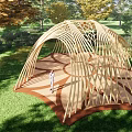Curved Wooden Pergola Design In Green Grassland With Trees And Natural Landscape