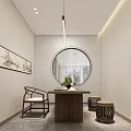 Traditional Chinese Tea Room Interior With Wooden Shelves Tea Sets Round Mirror And Green Plant