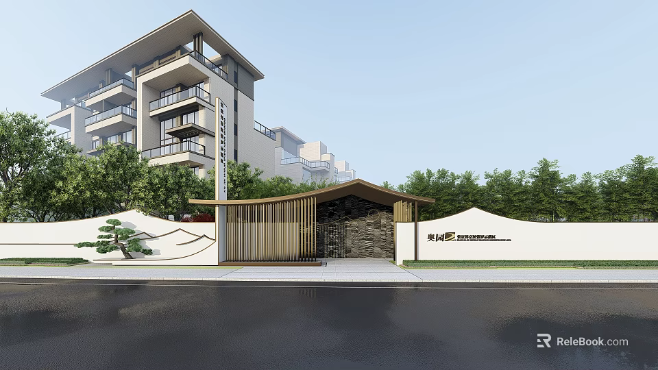 Modern Entrance Gate With Wooden Structure Stone Decoration And Green Plants Near Apartment Building 3d model 