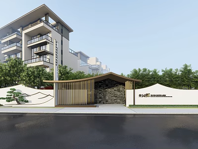 Modern Entrance Gate With Wooden Structure Stone Decoration And Green Plants Near Apartment Building 3d model