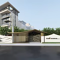 Modern Entrance Gate With Wooden Structure Stone Decoration And Green Plants Near Apartment Building