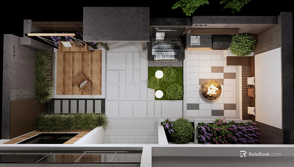 Courtyard Garden Design With Paved Area Wooden Deck Green Plants And Seating Space 3d model 