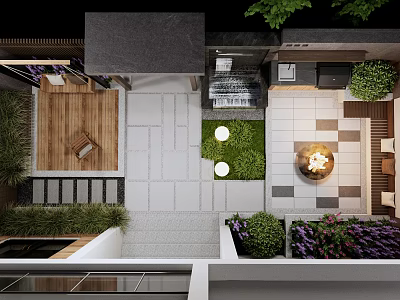 Courtyard Garden Design With Paved Area Wooden Deck Green Plants And Seating Space 3d model