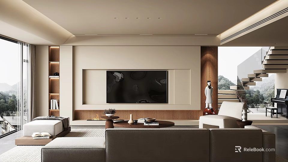 Modern Living Room Interior Design With TV Wall Sofa Coffee Table And Bookshelf 3d model 