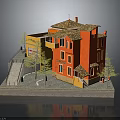 Red Building Model With Yellow Accents Brown Roof Small Trees Steps And Platform