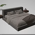 Modern Minimalist Light Colored Double Bed With Nightstands Vase Green Plant And Brown Handbag