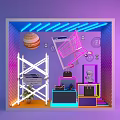 Vibrant Window Display with Neon Lights Shopping Cart Bread Scaffolding Black Handbags and Green Plant