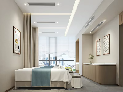 Serene SPA Sauna Room Interior With Comfortable Bed City View Artwork And Green Plants 3d model