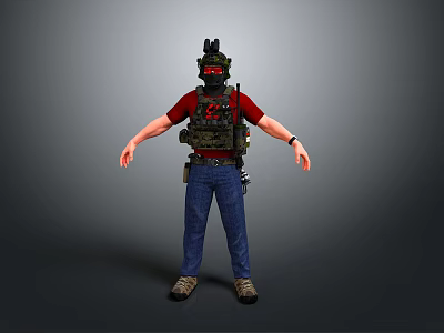Man Wearing Red T Shirt Blue Jeans Tactical Vest And Mask Standing With Arms Out 3d model