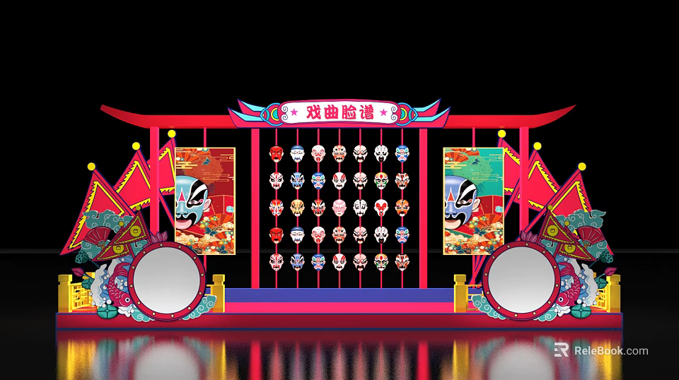 Traditional Chinese Opera Mask Display Wall With Red Decorations And Lanterns 3d model 