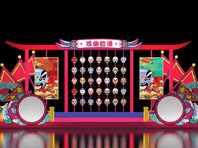 Traditional Chinese Opera Mask Display Wall With Red Decorations And Lanterns 3d model