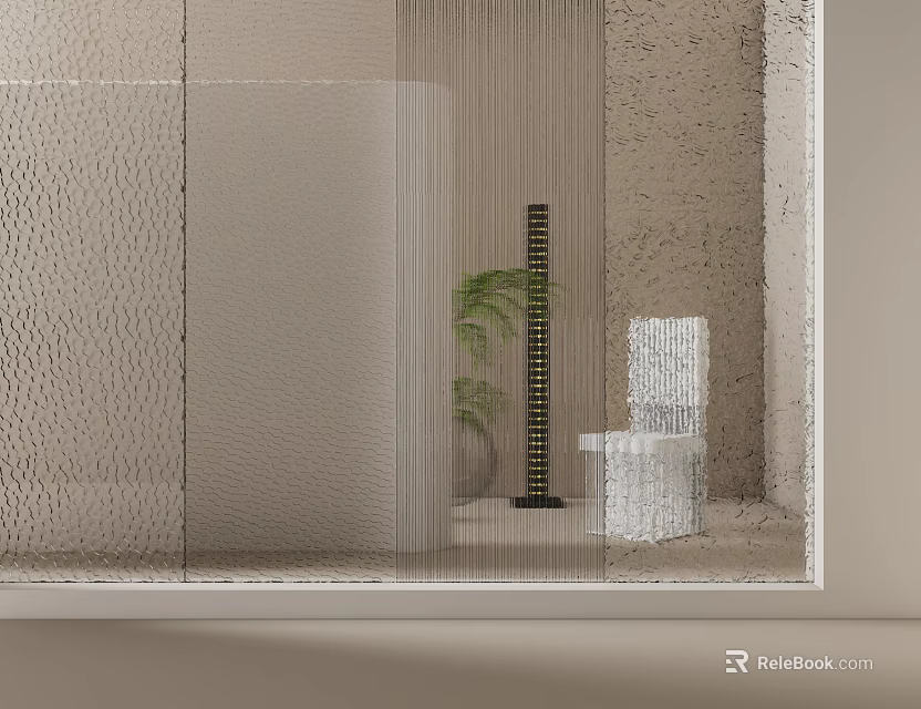 Modern Bathroom Frosted Glass Partition With Minimalist Design Plant And Chair 3d model 