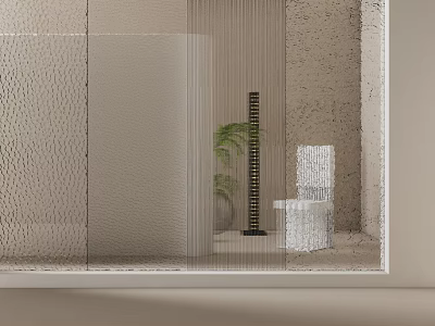 Modern Bathroom Frosted Glass Partition With Minimalist Design Plant And Chair 3d model