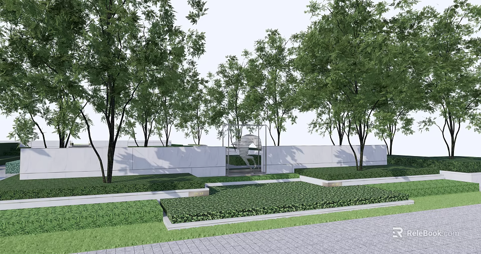 Garden Wall Landscape Design With Surrounding Trees Lush Greenery And Paved Path 3d model 