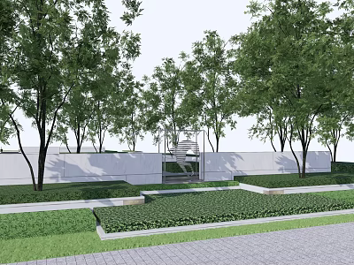 Garden Wall Landscape Design With Surrounding Trees Lush Greenery And Paved Path 3d model
