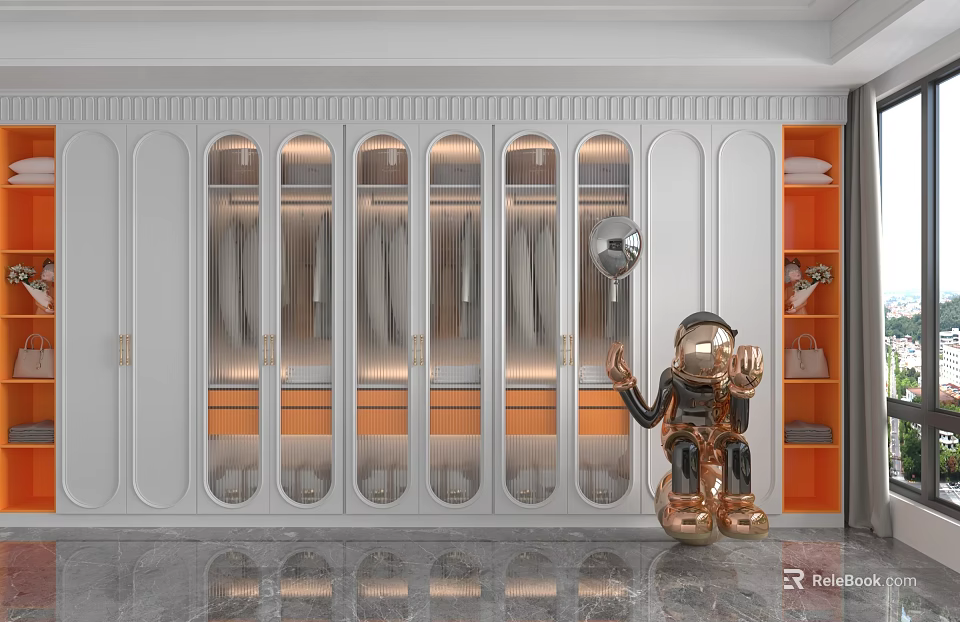Modern Luxury Cloakroom White Storage Cabinet with Glass Doors Gold Handles and Orange Compartments 3d model 
