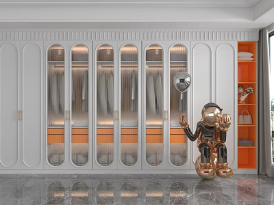 Modern Luxury Cloakroom White Storage Cabinet with Glass Doors Gold Handles and Orange Compartments 3d model