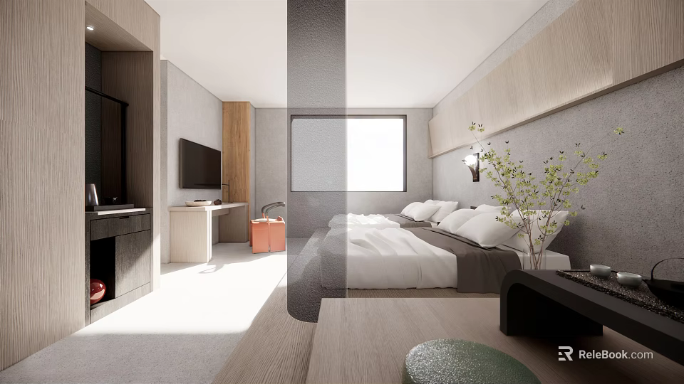 Modern Hotel Room Interior With Sunlit Space Cozy Bed And Decorative Plants 3d model 