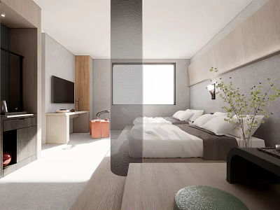 Modern Hotel Room Interior With Sunlit Space Cozy Bed And Decorative Plants 3d model