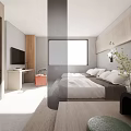 Modern Hotel Room Interior With Sunlit Space Cozy Bed And Decorative Plants