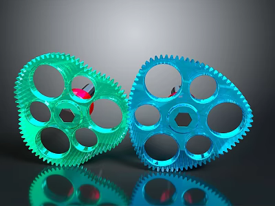 Transparent Colored Gears Green And Blue With Hollow Holes Toothed Edges Shiny Surface 3d model