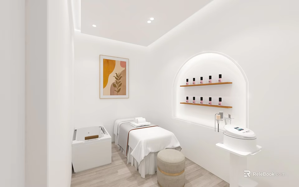 Modern Beauty Salon Interior With Treatment Bed Skincare Products And Professional Equipment 3d model 