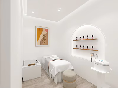 Modern Beauty Salon Interior With Treatment Bed Skincare Products And Professional Equipment 3d model