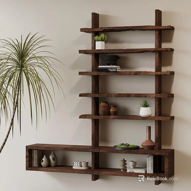 Wooden Storage Shelf with Potted Plants Clay Pots Books and Palm Plant in Modern Interior 3d model 