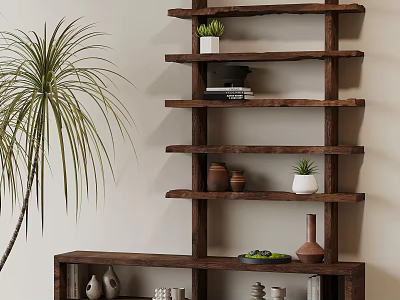 Wooden Storage Shelf with Potted Plants Clay Pots Books and Palm Plant in Modern Interior 3d model