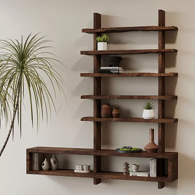 Wooden Storage Shelf with Potted Plants Clay Pots Books and Palm Plant in Modern Interior 3d model