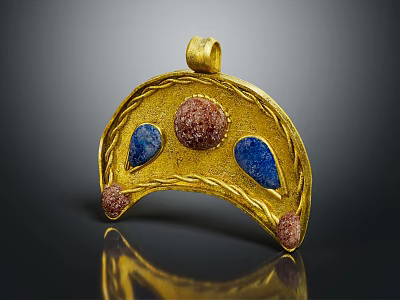 Elegant Gold Crescent Shaped Pendant With Red And Blue Gemstones And Braided Details 3d model