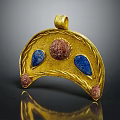 Elegant Gold Crescent Shaped Pendant With Red And Blue Gemstones And Braided Details