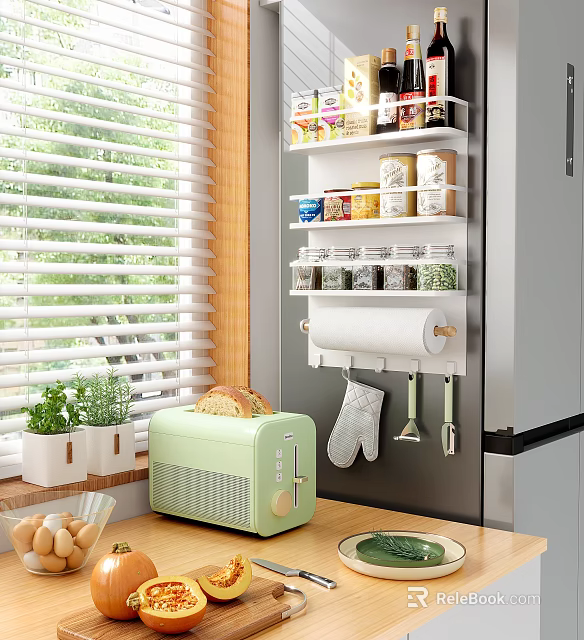 Kitchen Utensils Storage Rack With Spice Jars Toaster Green Plants And Window Blinds 3d model 