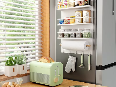 Kitchen Utensils Storage Rack With Spice Jars Toaster Green Plants And Window Blinds 3d model