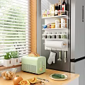 Kitchen Utensils Storage Rack With Spice Jars Toaster Green Plants And Window Blinds