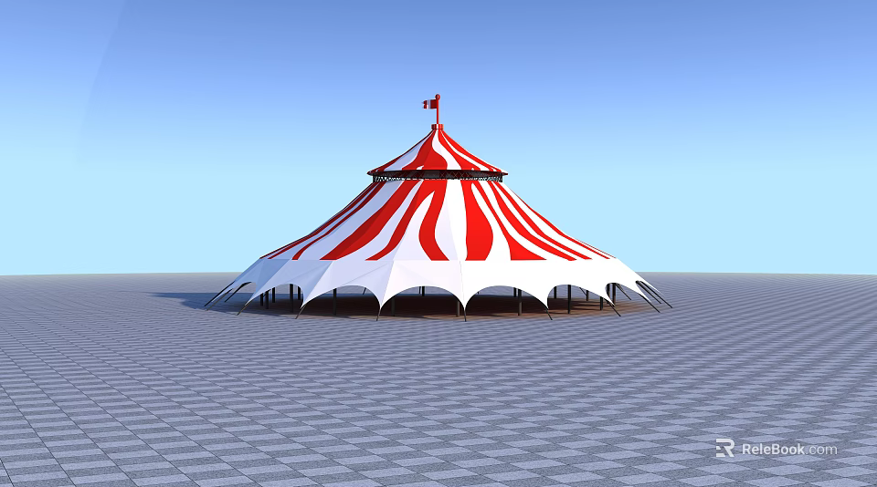 Red And White Striped Dome Shaped Circus Tent With Flag On Top And Checkered Ground 3d model 