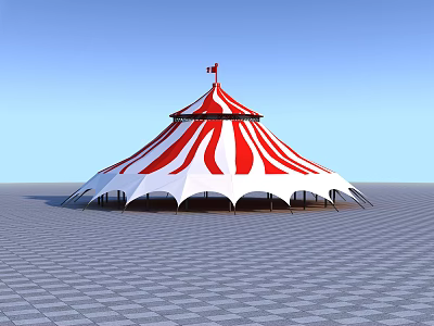 Red And White Striped Dome Shaped Circus Tent With Flag On Top And Checkered Ground 3d model