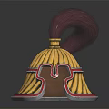 Traditional Ancient Helmet With Yellow Body Red Trim And Curved Purple Plume