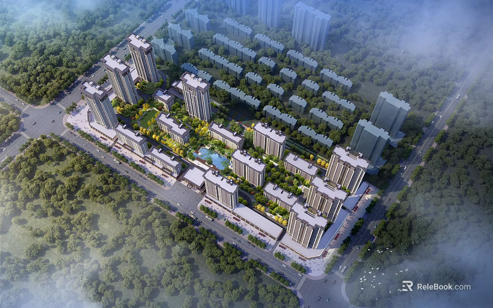 Aerial Planning of Residential Community with High Rise Buildings Low Rise Structures and Green Spaces 3d model 