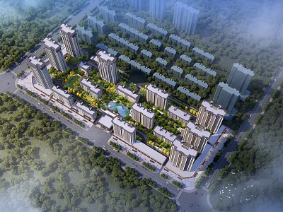Aerial Planning of Residential Community with High Rise Buildings Low Rise Structures and Green Spaces 3d model