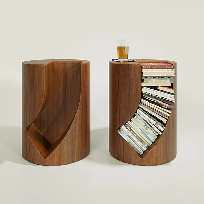 Wooden Cylindrical Side Tables With Storage Grooves For Books And Glass On Top 3d model