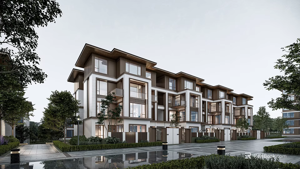 Modern Townhouse Exterior Architecture With Contemporary Design Large Windows And Landscaped Garden 3d model 