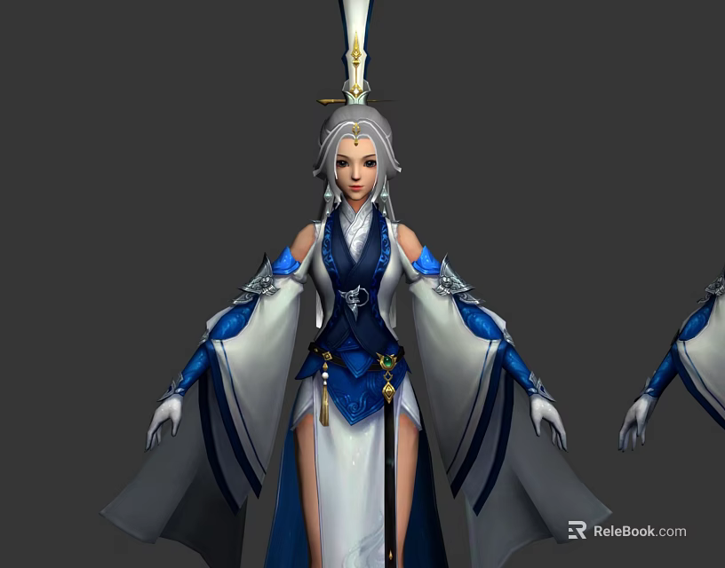 Game Movie Character In Blue White Robe With Decorative Headdress And Fantasy Style 3d model 
